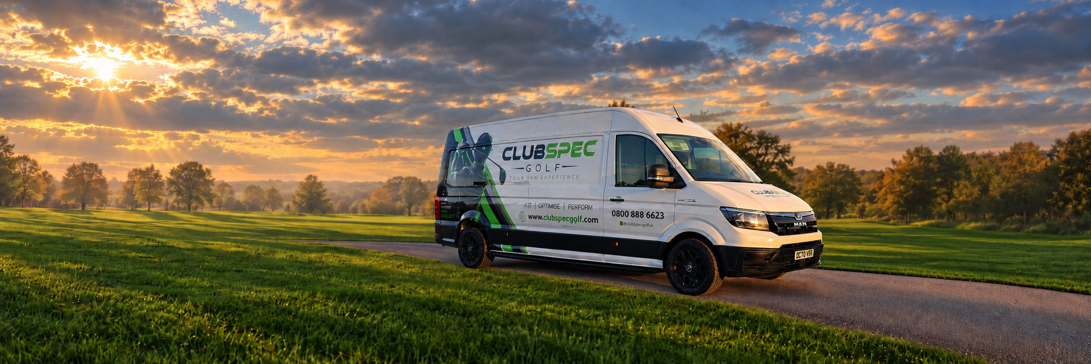 The ClubSpec Golf tour van parked beside a fairway